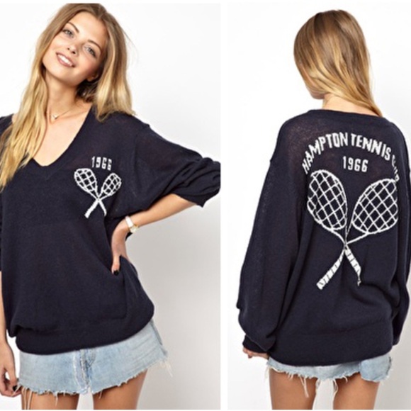 WILDFOX Hampton Tennis Club 1966 Semi Sheer Oversized Sweater Navy V-Neck Small - Picture 1 of 10